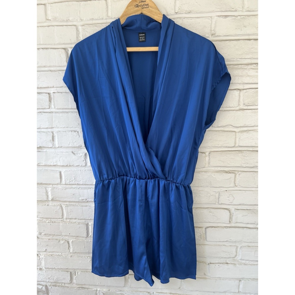 Bright Blue Silk Short Sleeve Low Neck Romper Size Medium